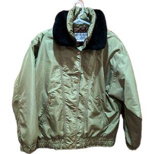 Vintage 80's Retro Ski Resort Jacket Metropolis Sage Green Faux Fur Collar 14